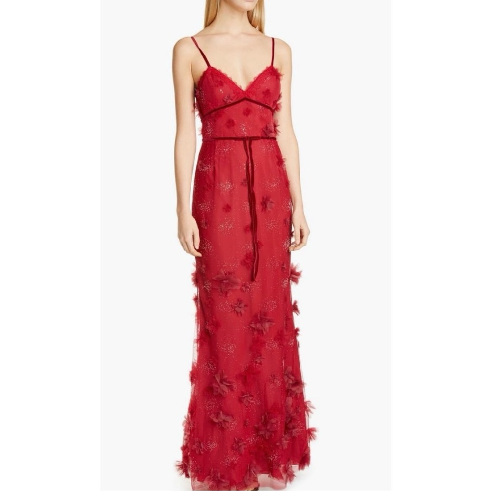 NWT Marchesa Notte Red Floral Appliqué Embellished Fit to Flare Dress Size 2